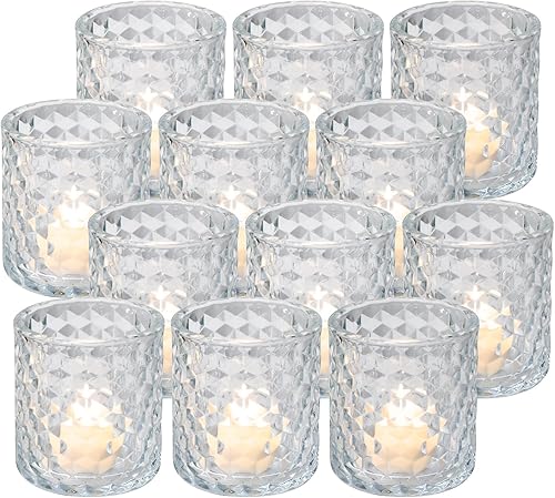 IWNTWY Juego de 12 portavelas votivas grandes de cristal transparente a granel, velas de té para centro de mesa, boda, hogar, vacaciones, Acción de
