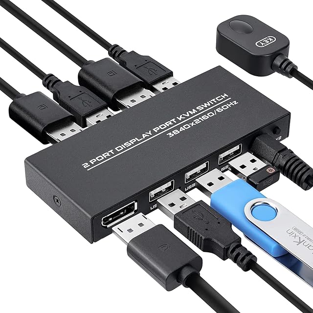 DisplayPort KVM Switch 2 Ports, USB Switch Share Monitor Keyboard and Mouse for Laptop, DP Switcher Support 4K @ 60Hz, with 2 DP and USB Cables