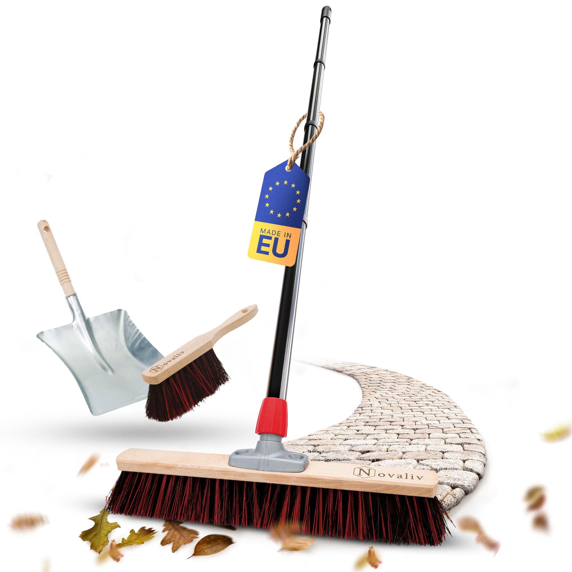 Novaliv Scopa da strada con manico da 50 cm Arenga-Elaston setole con scopa nera composta da paletta e scopa a mano, ideale come scopa da giardino per terrazze, scopa per esterni