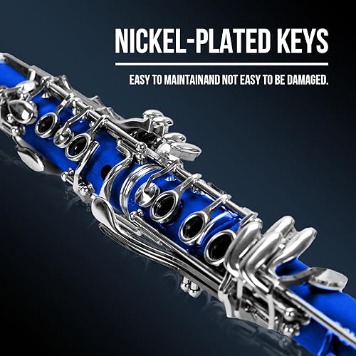 Miniatura 2 de Soulmate Bb Flat - Clarinete para estudiantes principiantes con 17 teclas de níquel con 2 barriles y kit de limpieza para clarinete, color azul