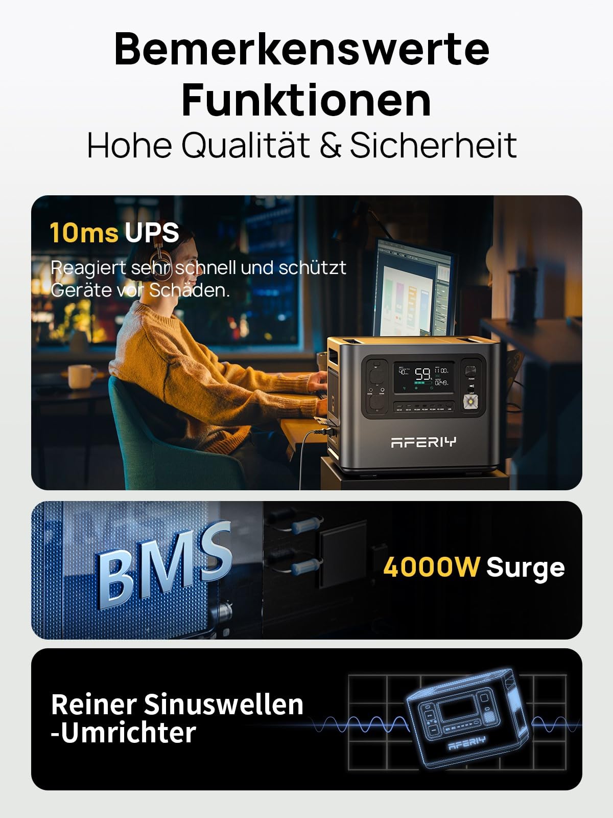 AFERIY 2400W Tragbare Powerstation, 2048Wh LiFePO4 Batterie, 1,5 Stunde Schnellladung, 13 Anschlüsse, Sinuswellen 230V, USV, Mobile Stromversorgung für Outdoors Camping, 7 Jahre Garantie