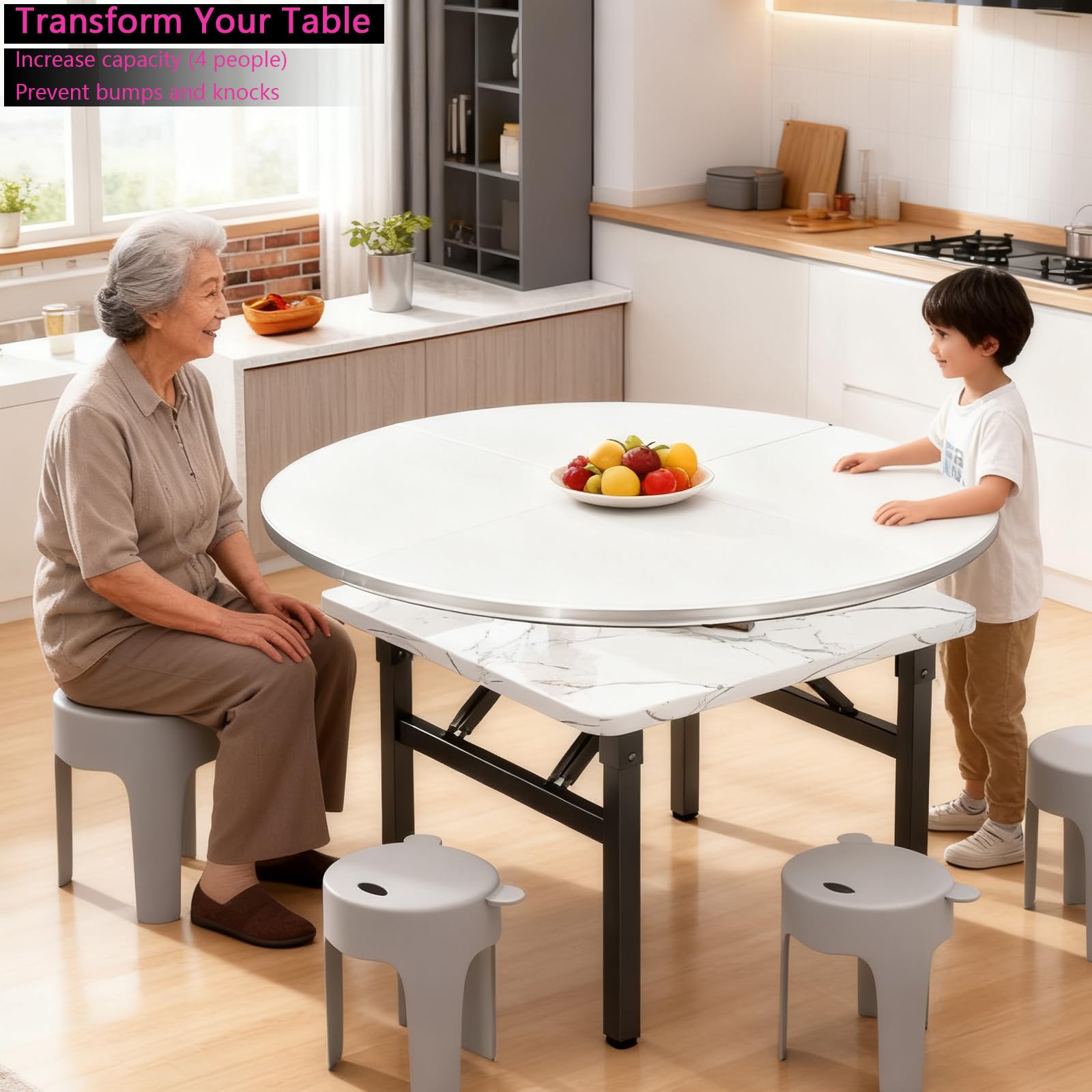 Piano de Mesa Redondo Plegable, Redondo Tablero de Mesa 4-Plegable Sin Patas, Madera Least 20cm Extensor Tablero de Mesa para Picnic/Asientos adicionales para Invitados (Whtie, D:181cm)