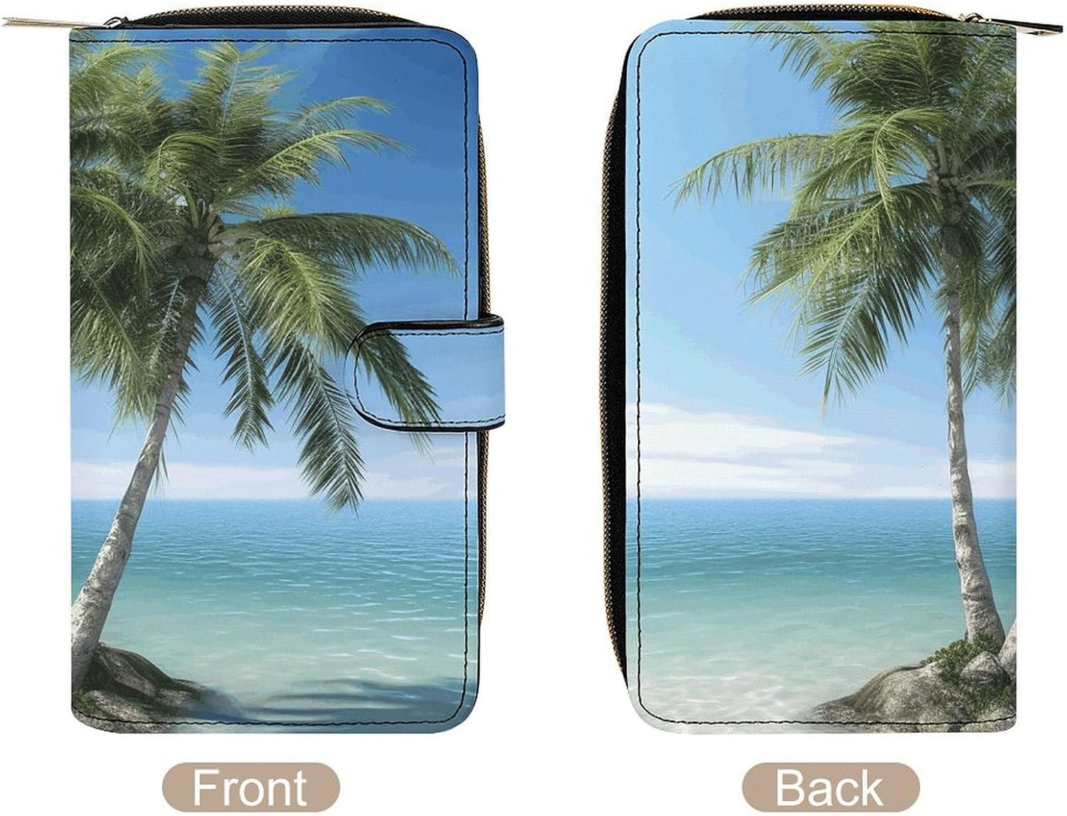 Wristlet Wallets for Women, Sea Palm Trees Printed Ladies PU Vegan Leather Clutch Wallet Zip Around Phone Purse Card Holder Organizer,Work & Daily Use