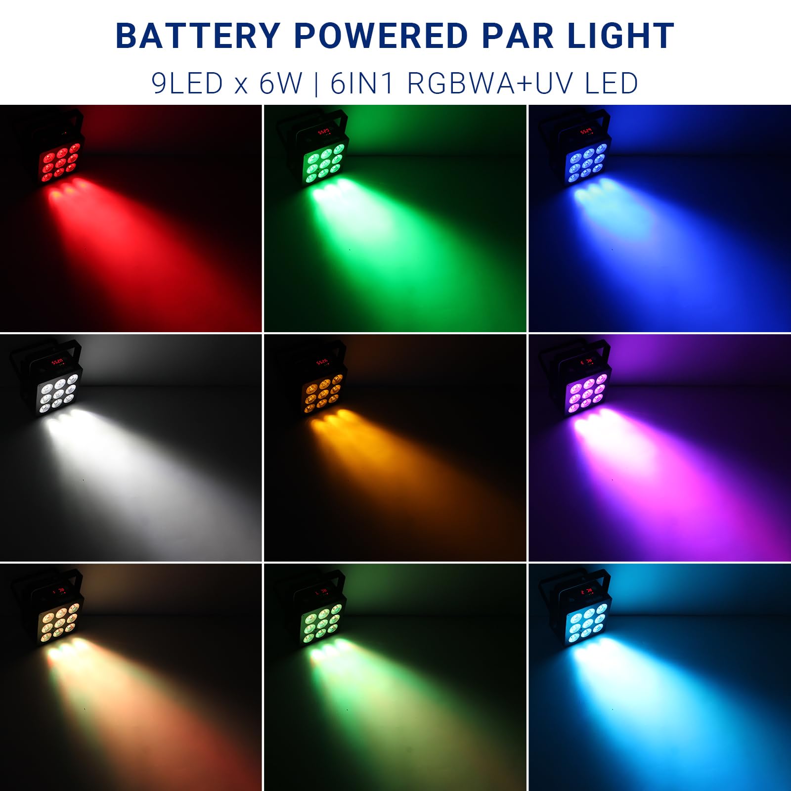 Luces pares LED alimentadas por pilas, 9 x 6 W, RGBWAUV, hexagonales, inalámbricas, 2 unidades, 6-20 horas de trabajo, DMX512 y carcasa de metal con control remoto para DJ, música, baile, eventos