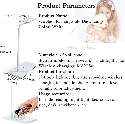 Miniatura 6 de 2 lámparas LED de escritorio, lámpara de mesa, luz de noche para el hogar, 3 modos de iluminación, carga rápida inalámbrica, control táctil de luz