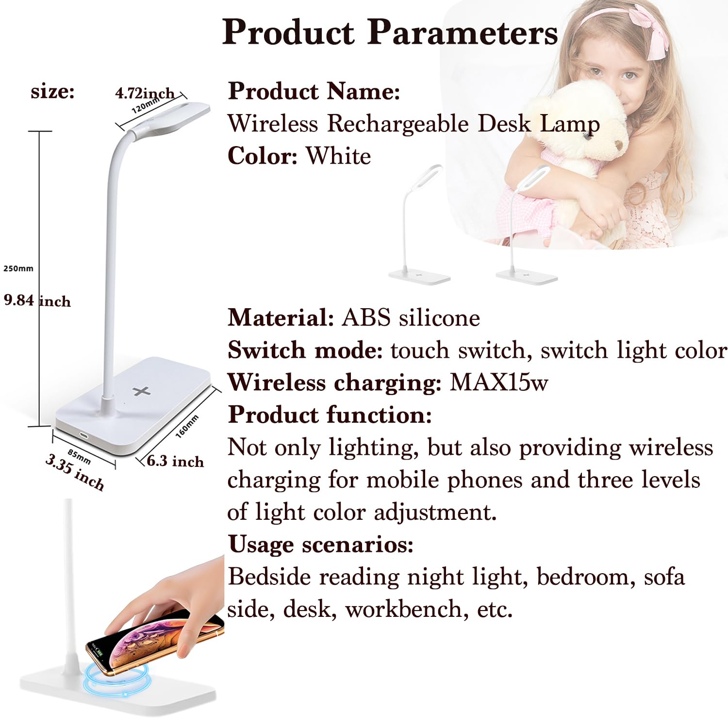 2 lámparas LED de escritorio, lámpara de mesa, luz de noche para el hogar, 3 modos de iluminación, carga rápida inalámbrica, control táctil de luz de escritorio con cuello de cisne ajustable 2