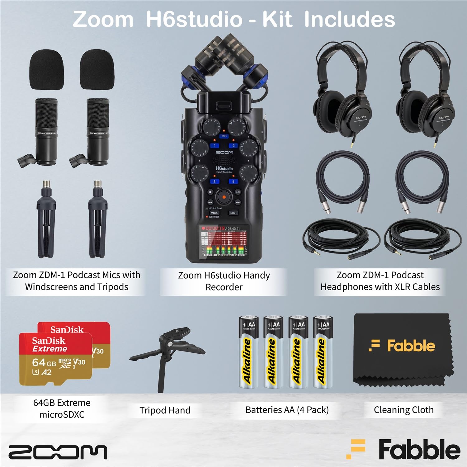 Zoom H6studio Handliches Recorder-Set mit 2 × ZDM-1 Podcast-Mikrofon-Packs, Kopfhörern, Tischständern, XLR-Kabeln, Windschutzscheiben, Speicherkarten, Batterien und Zubehör