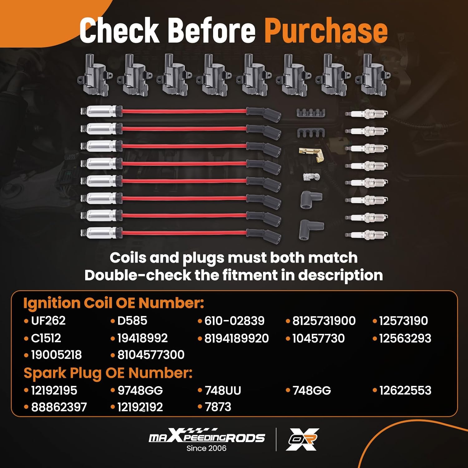maXpeedingrods UF262 Set of 8 Round Heavy Duty Ignition Coil with 8 Spark Plug and 8 Wire Set Fit for Chevrolet GMC Silverado Tahoe Suburban Express Sierra, Ignition Coil Kit Replaces D585 610-02839