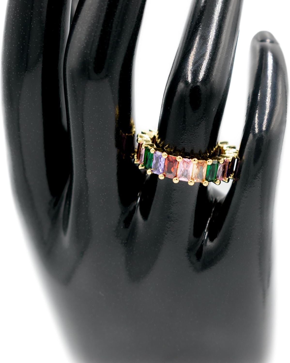 Multicolored Rainbow Statement Eternity Band Ring, Simulated Ruby, Emerald, Pink Diamond CZ, 18k Yellow Gold Filled Plated, Size 6.5 - Image 3