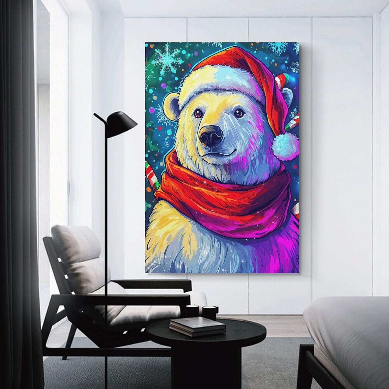 Junmoney Festive Polar Bear Wall Art Print 24x36inch(60x90cm), for Picture Wall Styling in Lounge Or Bedroom, A Versatile Canvas Print for Layering