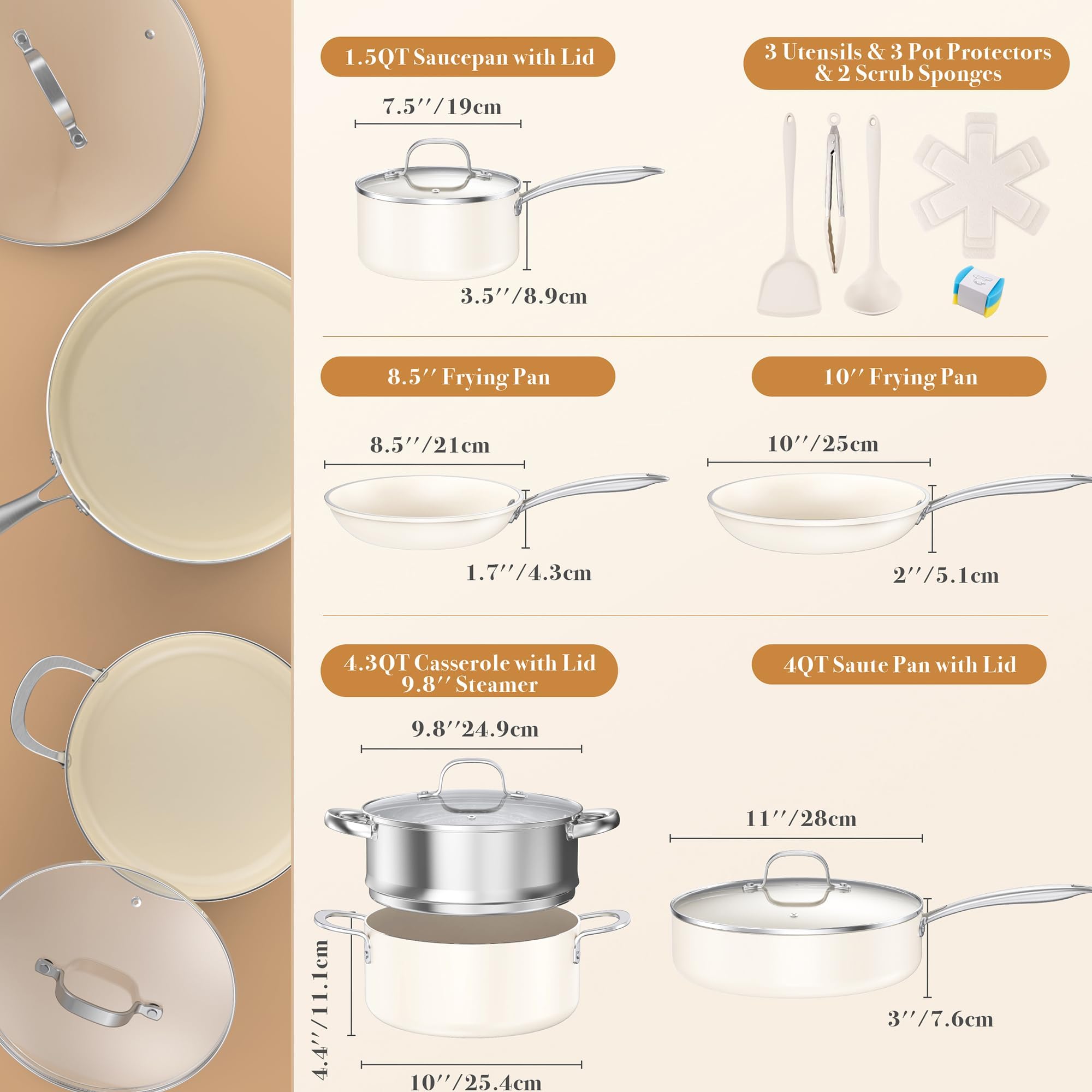 PekGema Set di pentole e padelle in ceramica, 16 pezzi, non tossico, antiaderente, set di padelle da cucina sicure in forno, senza PFAS PTFE PFOA, compatibile con tutti i piani cottura, manico