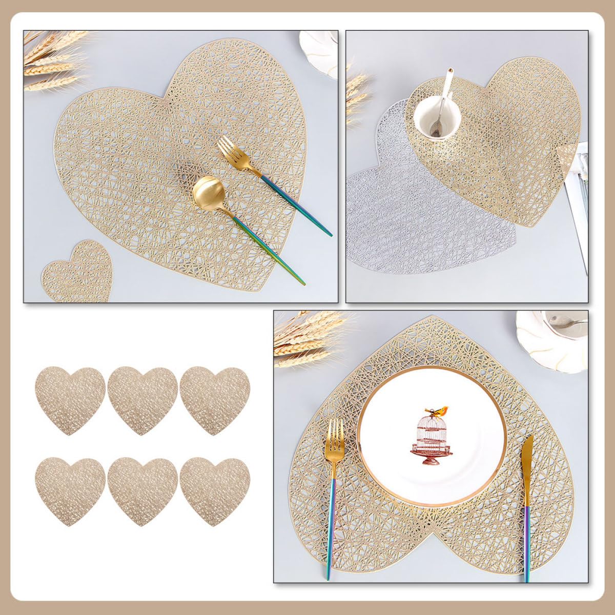 Tovagliette da Tavola a Forma di Cuore 6 Pezzi in Pvc Oro Resistenti al Calore Trama Fine per Decorazioni Casa e Matrimoni