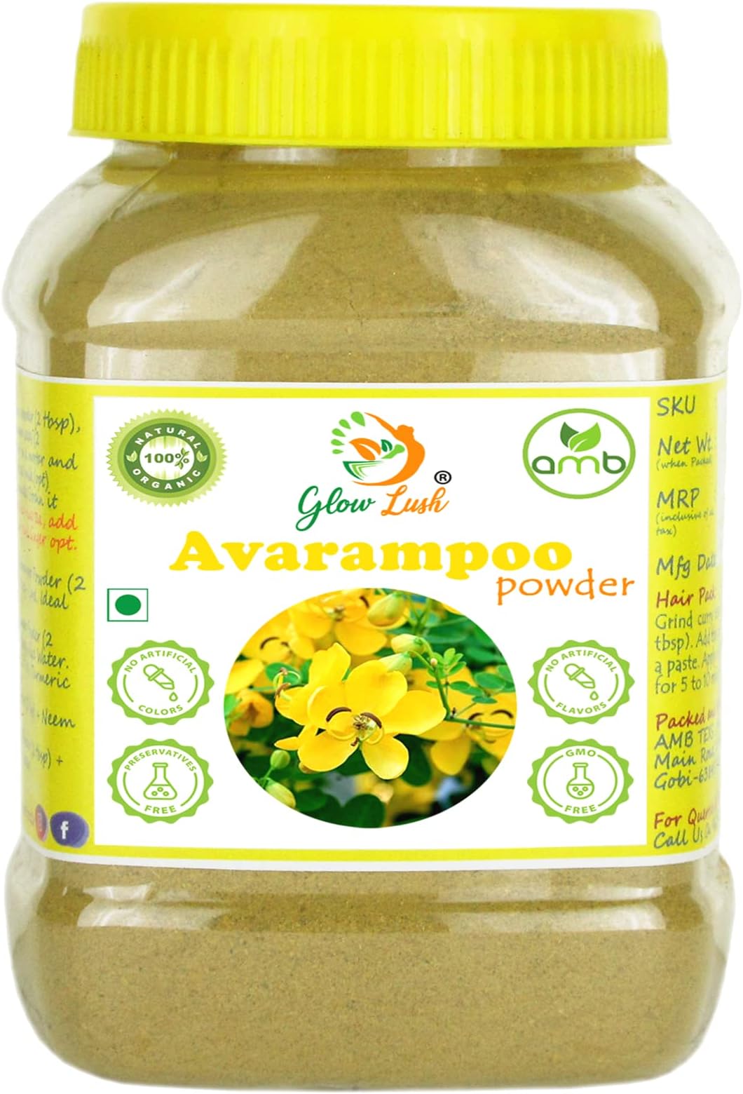 Glow Lush Aavaram Poo Powder (250gm) Organic | Tangedu Flower |Senna Auriculata| Tanner's cassia| Tarwar