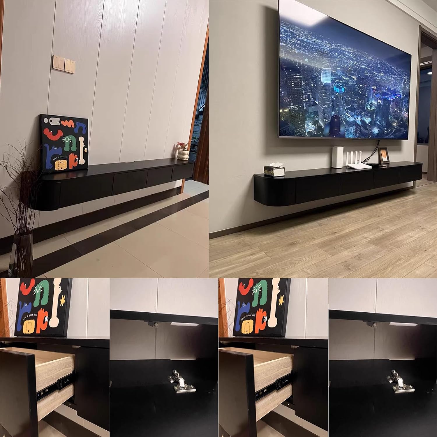 TV-Hängeschrank aus Massivholz, für Wohnzimmer, Zuhause, Couchtisch, TV-Schrank, 140, 160, 180, 200, 220, 240 cm, mehrere Größen verfügbar (schwarz, 160 x 20 x 24 cm)