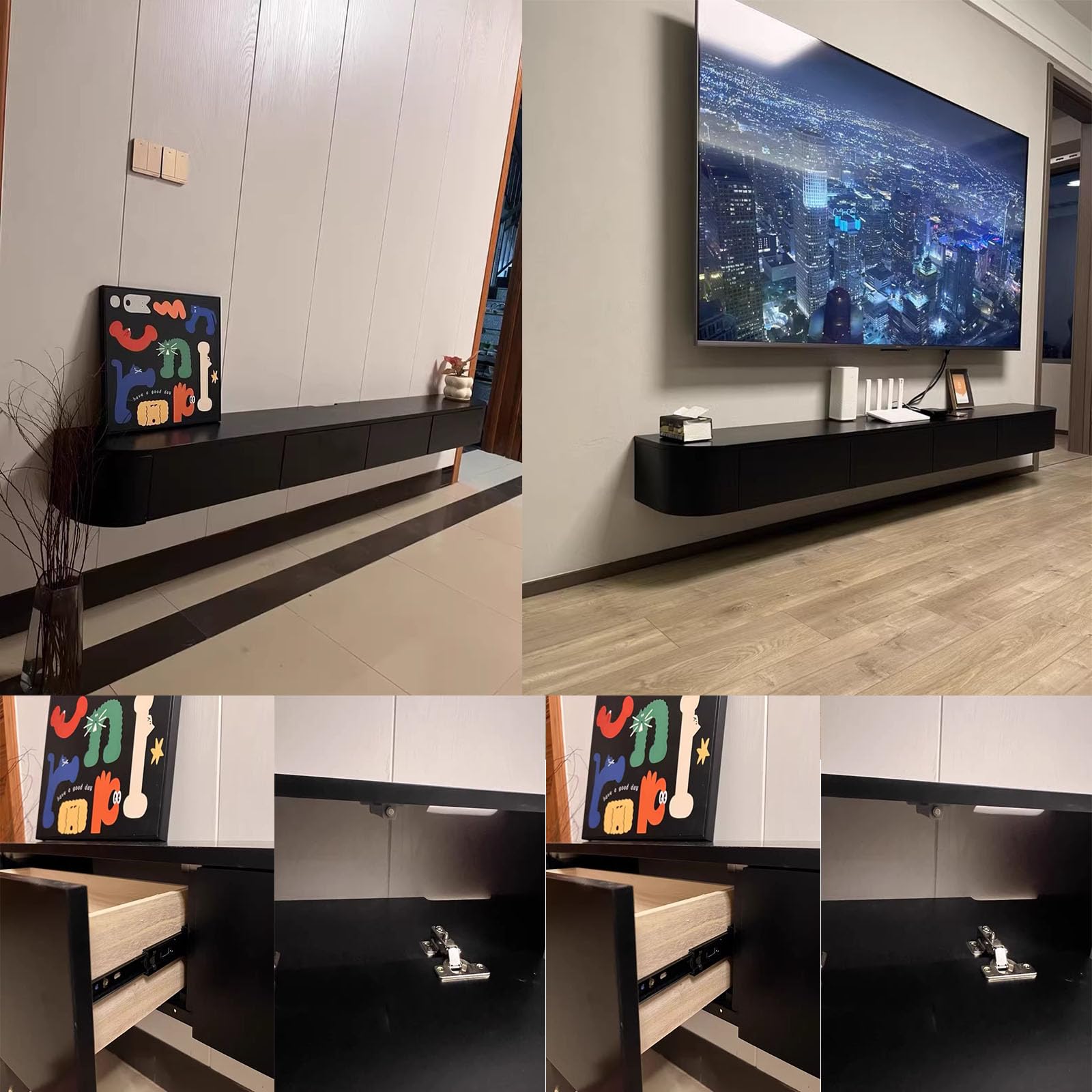 Supporto TV Sospeso in Legno Massello per Soggiorno Casa - Tavolino Supporto TV 140, 160, 180, 200, 220, 240 cm, Diverse Dimensioni (Nero, 220 x 20 x 24 cm)