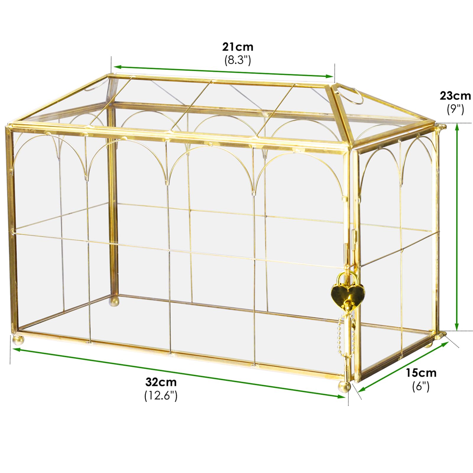 HighFree Hochzeitskarten-Glasbox mit Schlitz & Schloss, extra großes handgefertigtes geometrisches Terrarium, goldklare Display-Glaskarten-Box mit dekorativen Linien, für Hochzeitsempfang, Wunschgut,