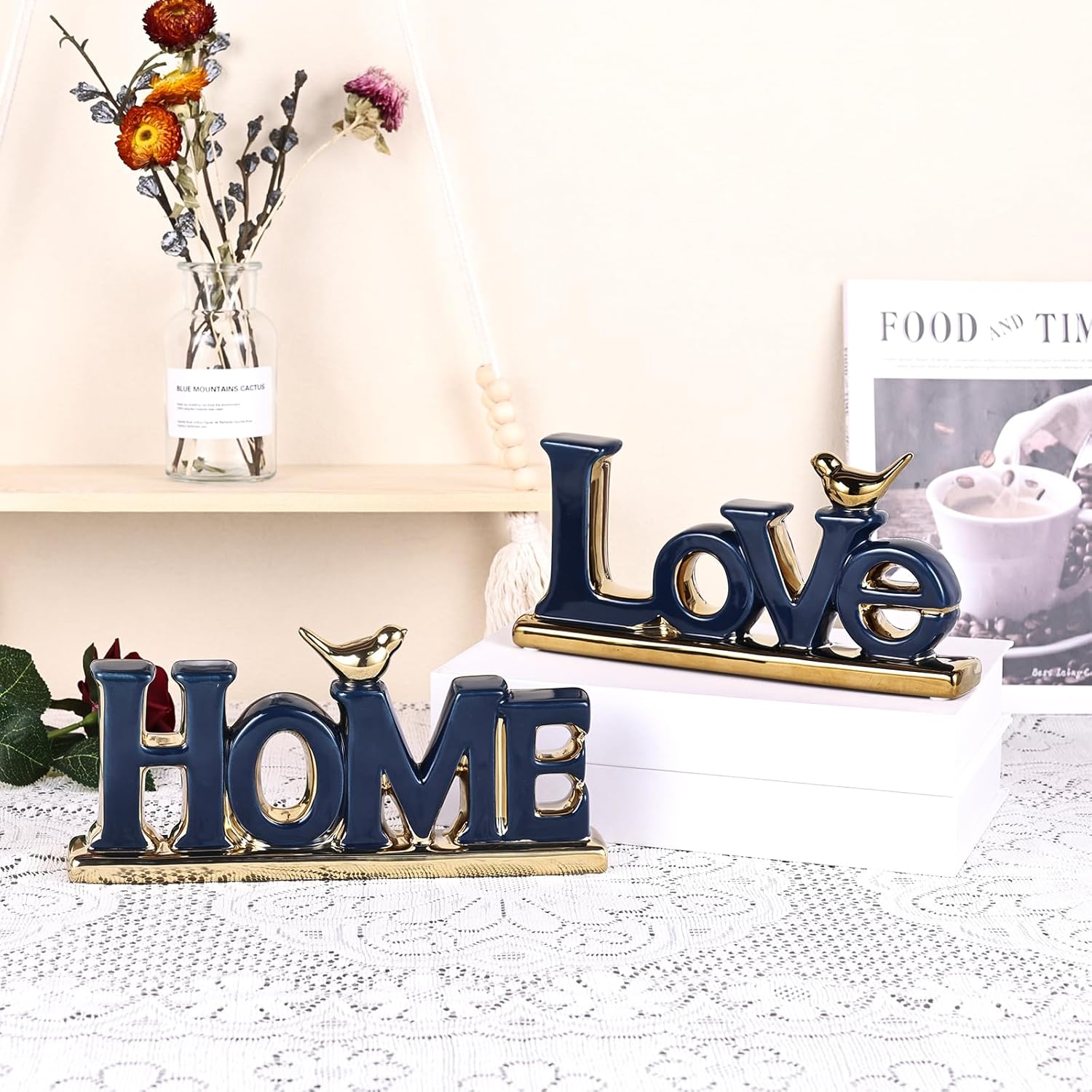Love Sign Decor,Blue and Gold Room Decor Aesthetic, Knick Knack Shelf,Gold Bird Decor, Boho Bookshelf,Abstract Gold Statue,for Living Room,Bedroom, Contemporary Tv Stand Set of 2 (2, Blue)