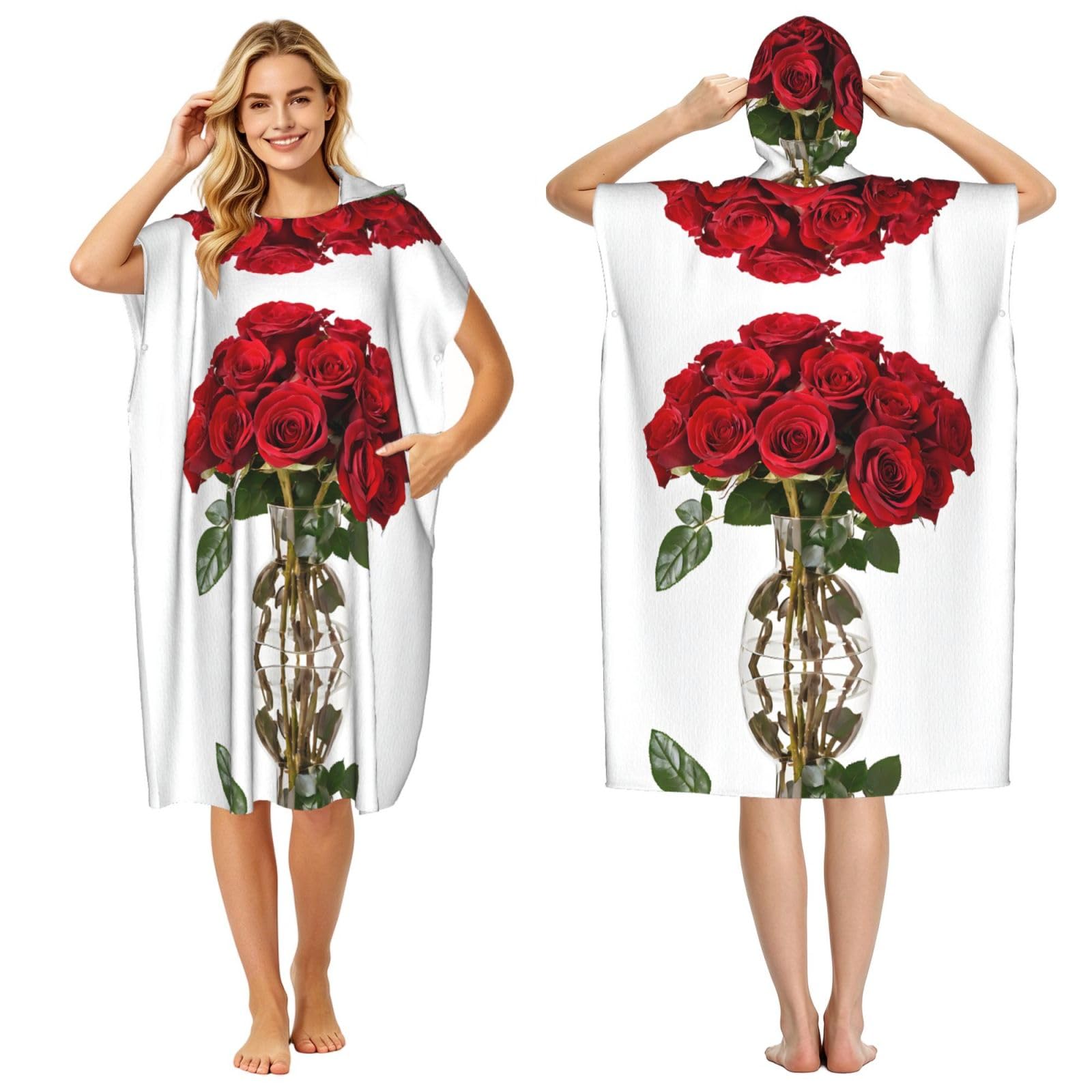 ESNAIUVCD Rose Print Changing Robe, Hooded Towel Poncho For Swimming Pool, Beach,Quick Dry & Light Weight Towelling Poncho For Adults Women Men