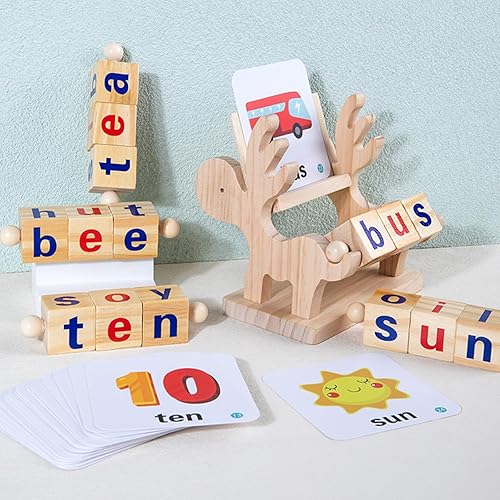 Miniatura 8 de Merkaunis Bloques de lectura de madera juguetes Montessori tarjetas flash giratorias vocales cortas juguete de letras a juego para niños juguete de