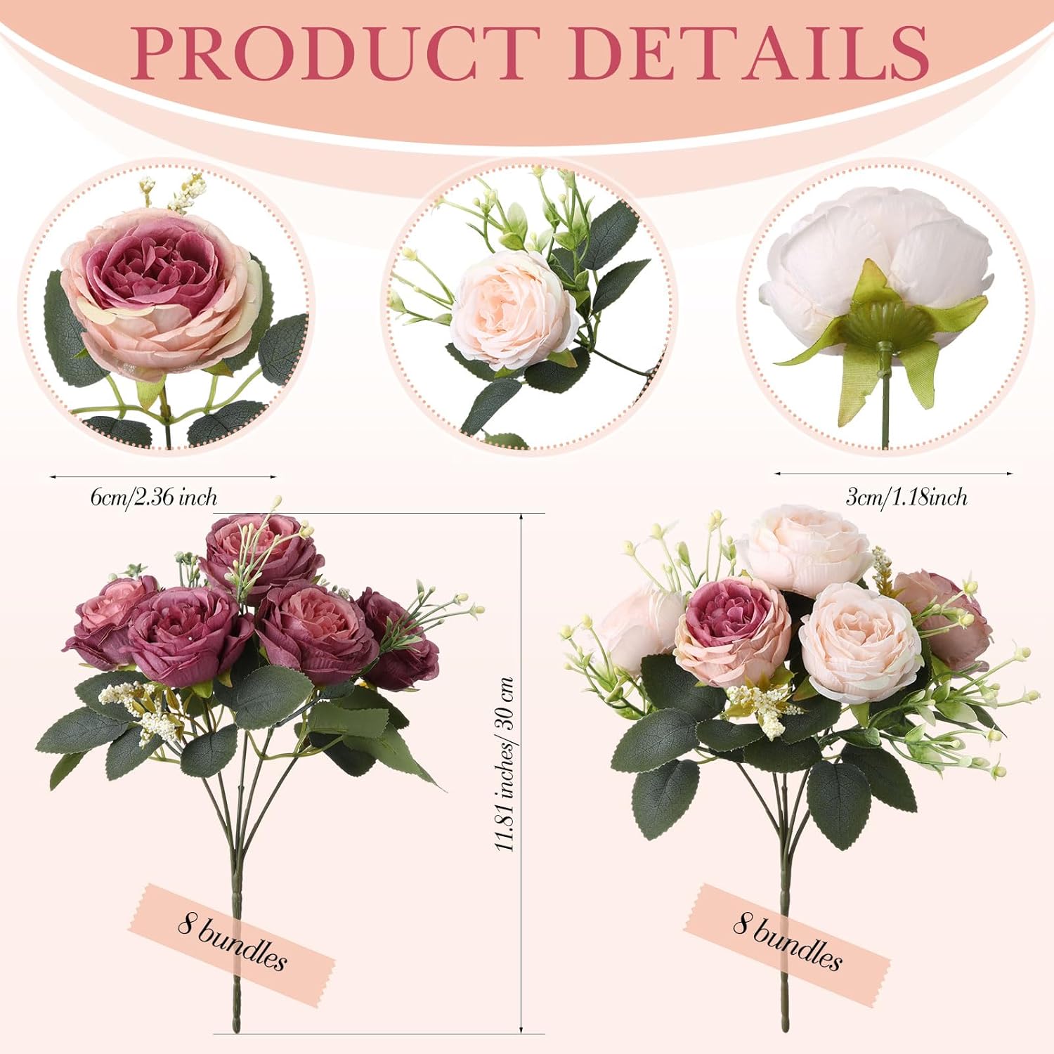 Geosar 16 Bundles Artificial Peonies Flowers Fake Silk Peony Bouquet Faux Peonies Flowers Bulk for Decoration Vase Floral Arrangements Wedding Party Table (Dusty Pink,Dusty Rose) - Image 2