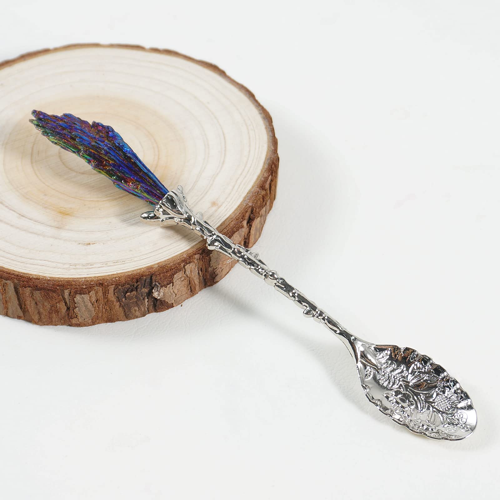 Soulnioi Vintage Carved Crystal Spoons Retro Decorative Coffee Stirring Spoons Dessert Spoons Ice Cream Spoon with Malachite Blue Flame Feather Head for Cafe Office Tableware -White - Image 2