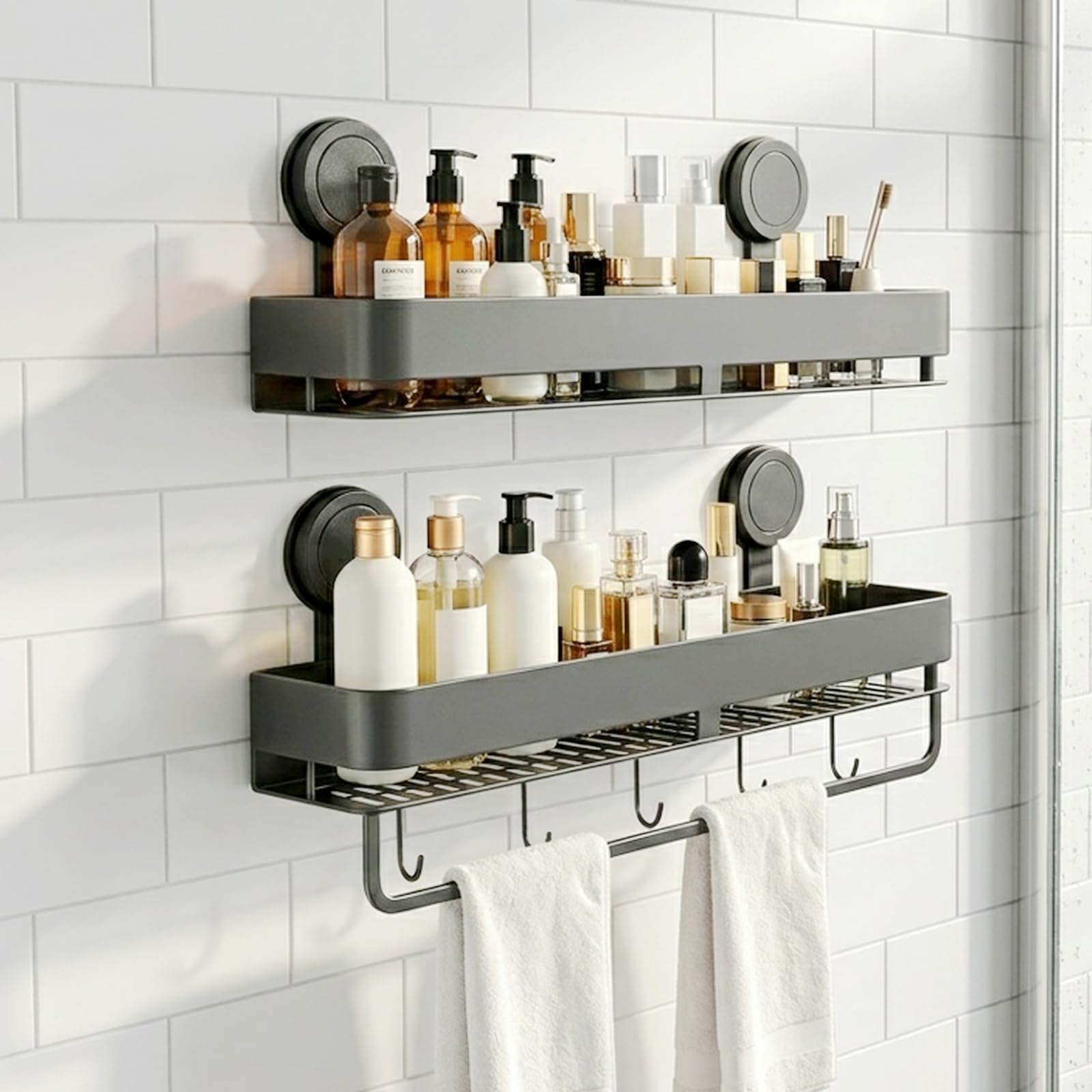 Shower Caddy Suction Cup 2 Pack with Hooks & Towel Rack No Drilling