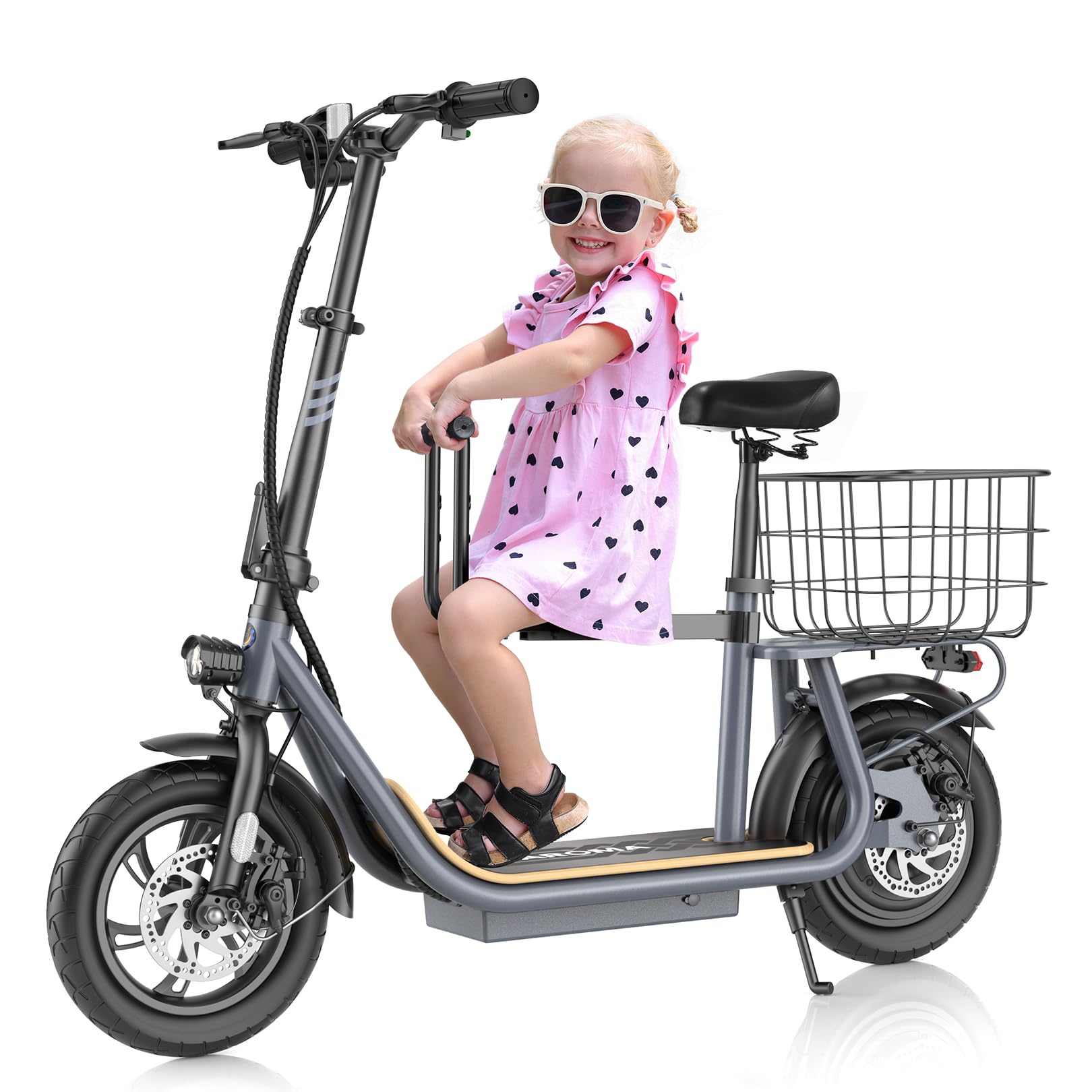 Caroma Electric Scooter with Seat, Max 30 Miles Range&20MPH Speed, Peak 800/1200W Motor, Foldable Electric Scooter for Adults and Teens, Commuter E Scooter with Basket&Adjustable Kid Seat
