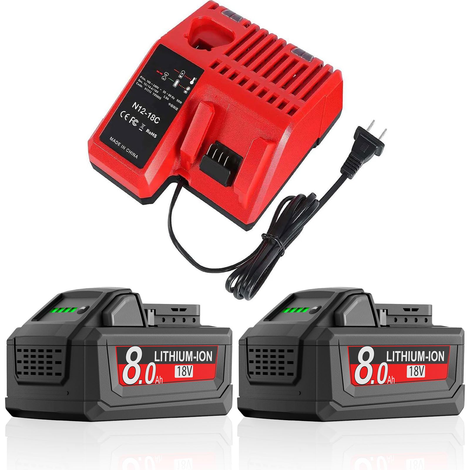 2Pack 8.0Ah 18V Batteries with Charger Replacement for Milwaukee M18 Battery 48-11-1880 and Charger Compatible with 18 Volt 48-11-1810 48-11-1815 48-11-1820 48-11-1850 48-11-1828 48-11-1860