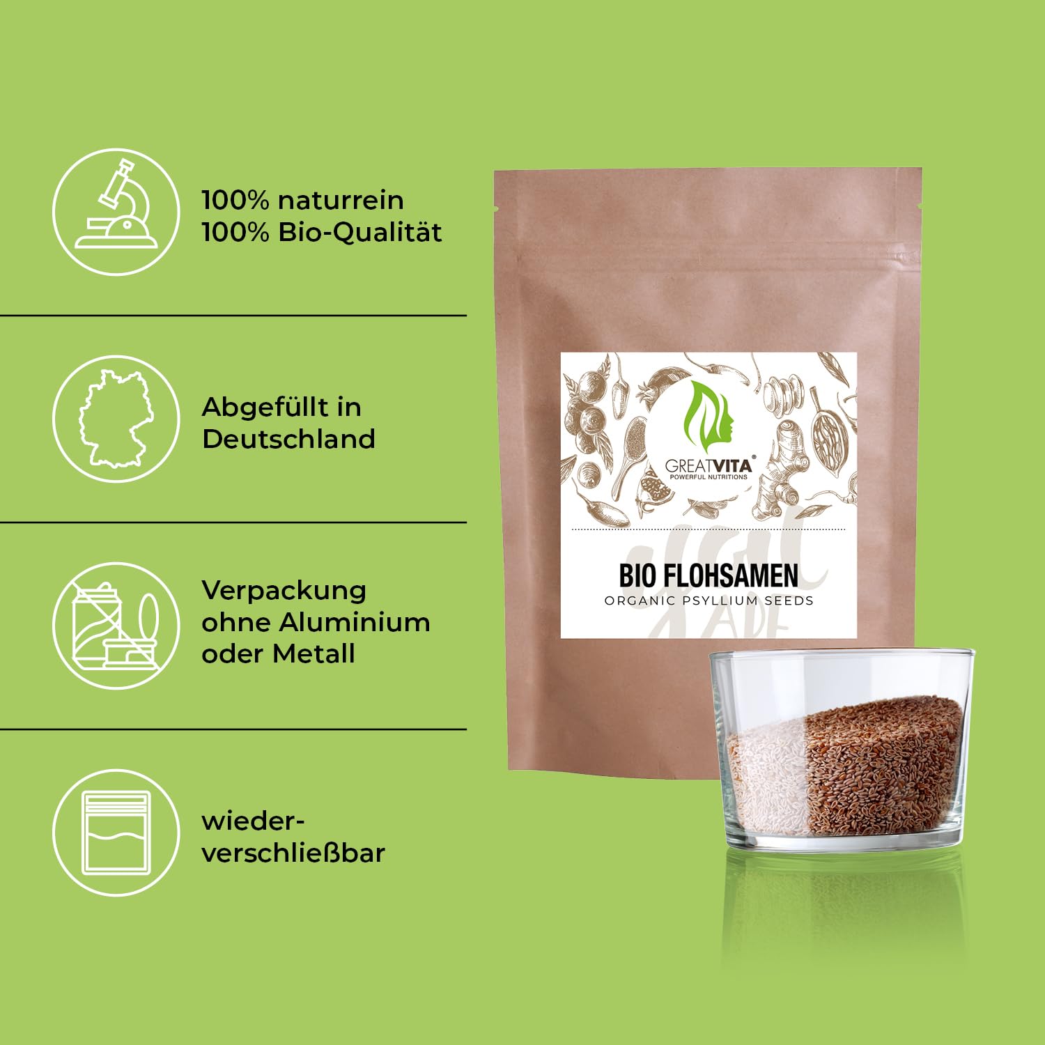 GreatVita Bio Flohsamen 6x 1000g | 99% reine ganze Flohsamen - zertifizierte Bio-Qualität aus Indien | reich an Ballaststoffen & glutenfrei, vegan - ideal für eine gesunde Ernährung