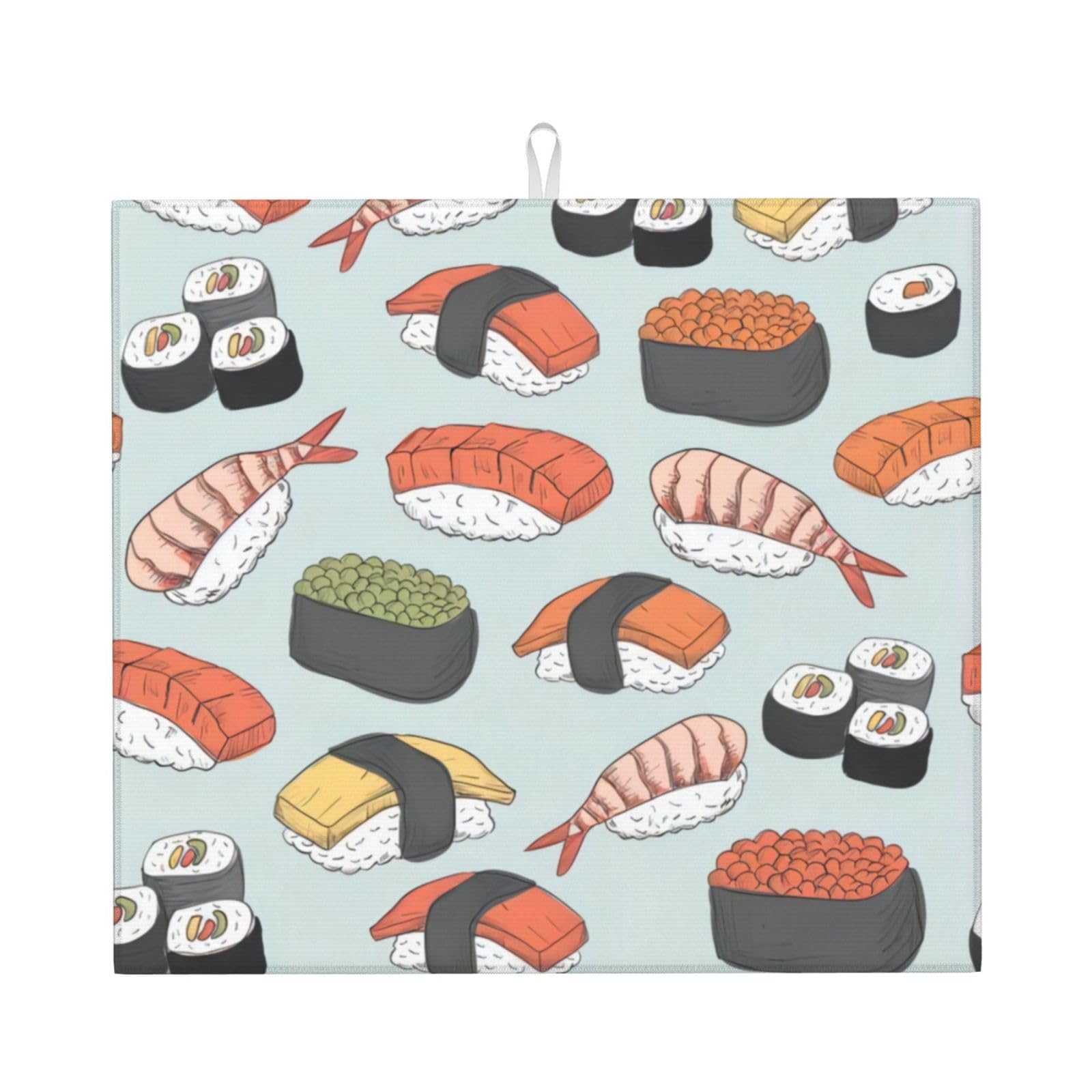WHJSHOP Sushi Prints Kitchen Drying Mat – Absorbent Dish Throw for Countertops, Quick-Dry Non-Slip Layer with Colorful Prints, Ideal Housewarming Gift