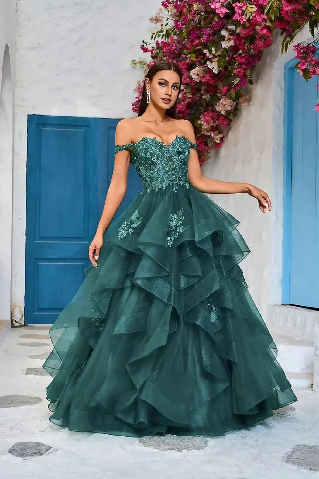 Volantes Tul Vestidos De Noche Hombros Descubiertos Vestidos De Quinceañera Vestido De Bola Largo Apliques De Encaje Vestido De Novia, azul claro, 32