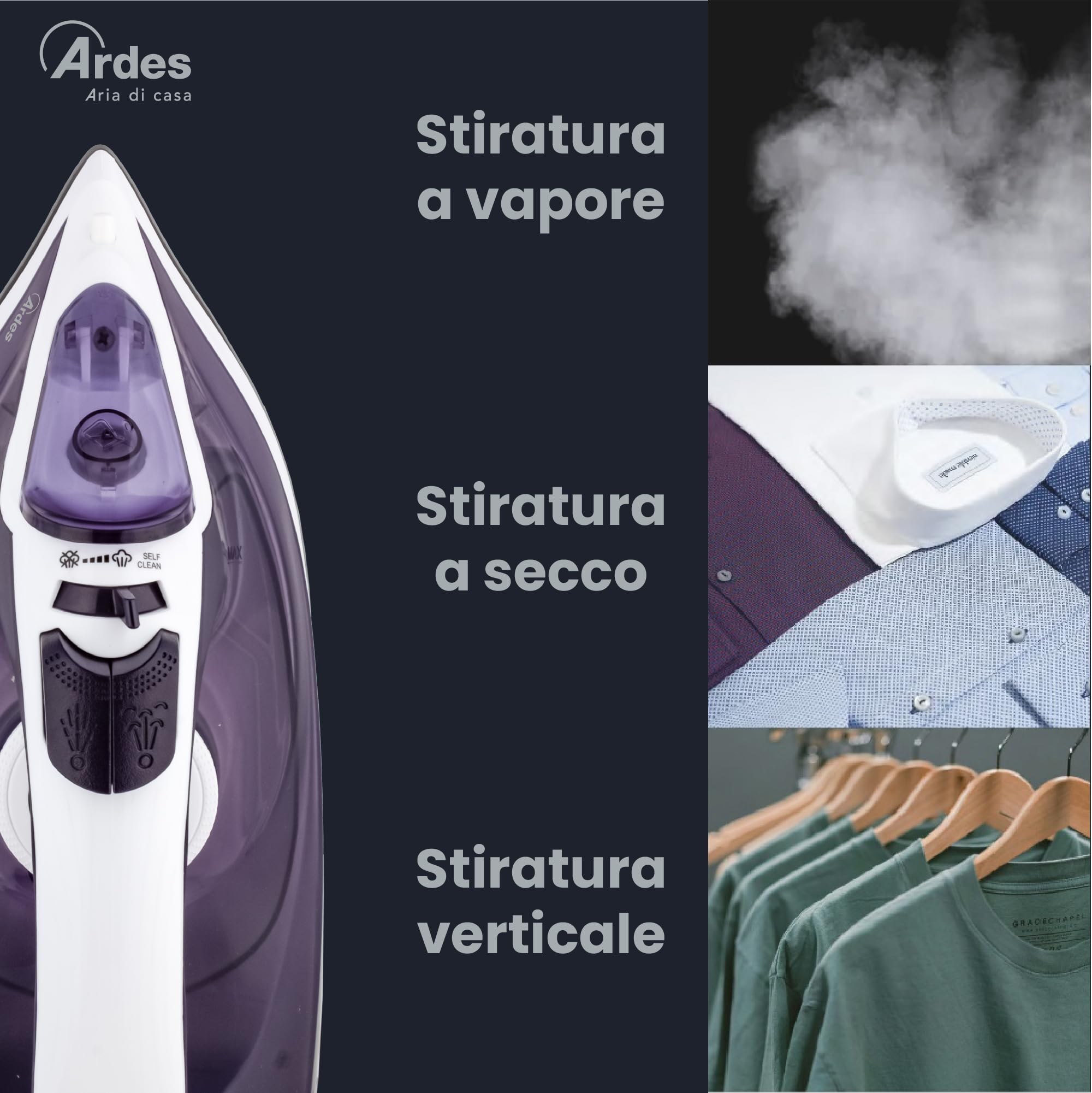 ARDES ARSTIR01W Plancha de vapor Vapor Pro COMPACT, 2000 W, depósito de 0,20 litros, salida de vapor de 120 g/min, con suela de cerámica, mango ergonómico, fácil de manejar y ligera