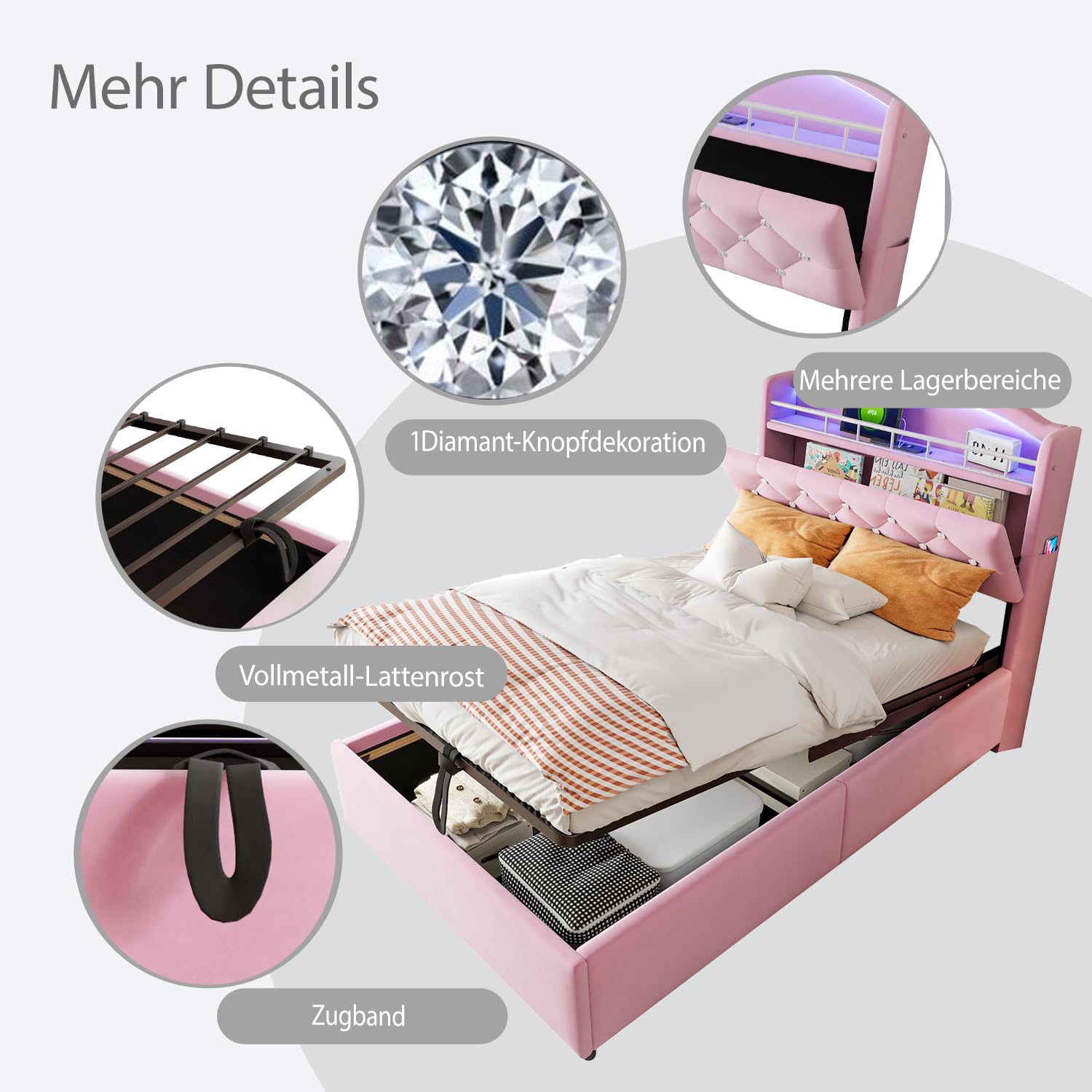 Letto imbottito per bambini,90x200cm,3 USB+C,illuminazione a LED,contenitore idraulico,contenitore e tasche laterali,letto multifunzionale,letto singolo,velluto,senza materasso,Rosa