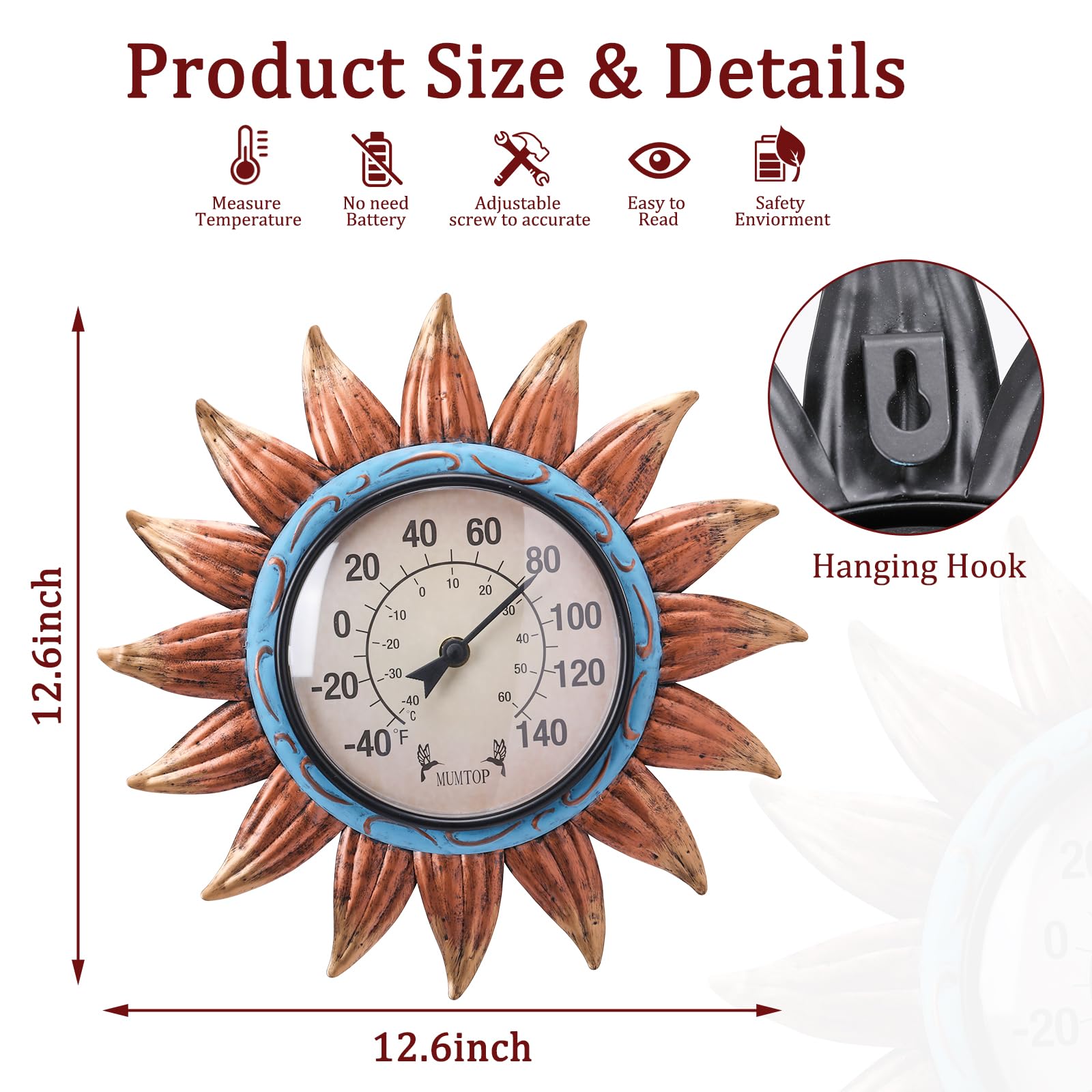 Sonnenblumen-Außenthermometer – Rundes Wandthermometer, Kein Batteriebedarf, 46 Cm Durchmesser