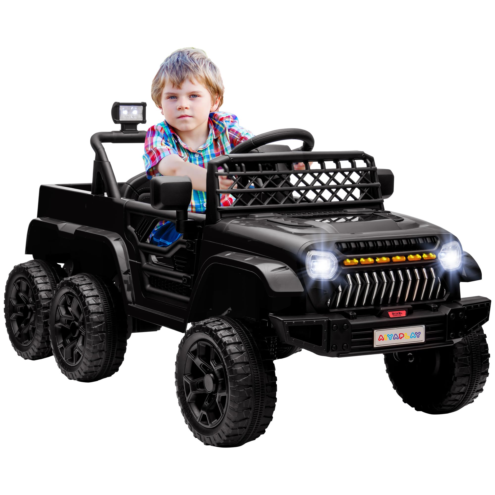 AIYAPLAY Voiture électrique enfant, buggy électrique enfant 6 roues modes 4x4 et 2x2, télécommande 2,​4G, 2 moteurs 12 V, 3 vitesses, remorque arrière, musique, klaxon lumières LED, 122x62,​5x65cm, noir