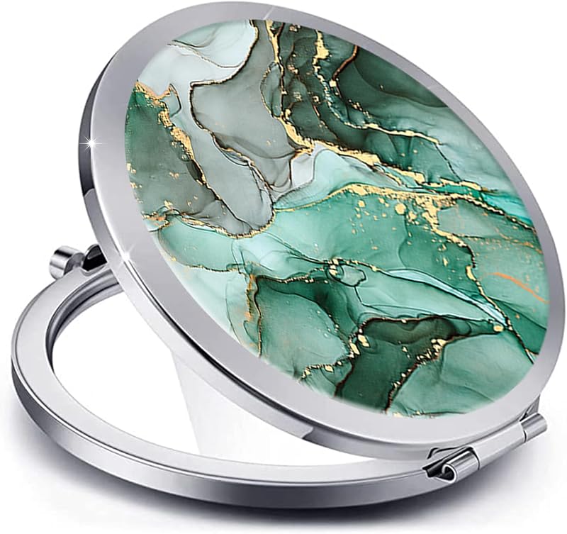 Espelho compacto dobrável LONNAONE com ampliação 1x e 2x, aço inoxidável, Silver Jade Green Marble, 1 unidade