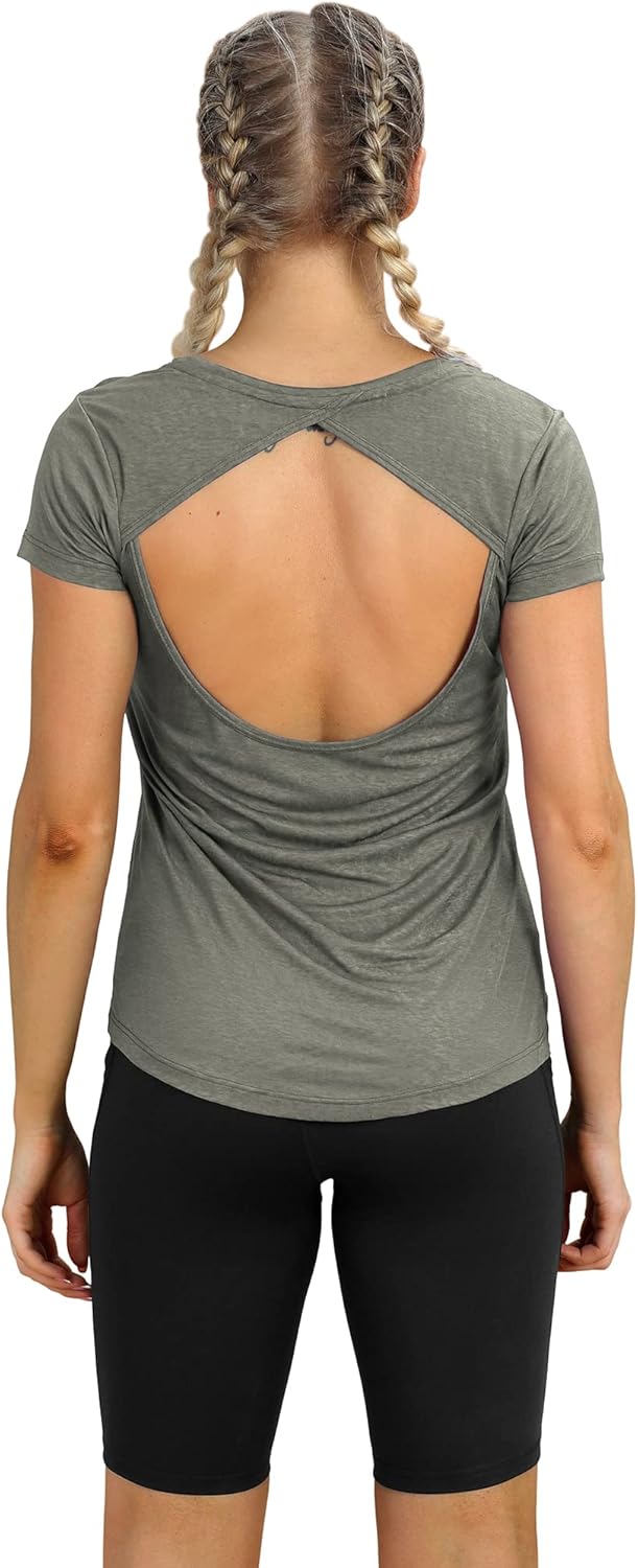 icyzone Open Back Workout T-Shirts for Women - Running Gym Shirts Yoga Tops Exercise Short Sleeves - Image 5
