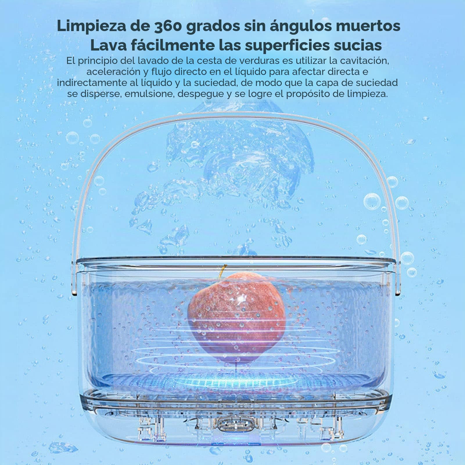 Lavadora Profesional para Frutas y Verduras, Purificador de Alimentos con Limpieza 360° para Utensilios de Cocina, Elimina Residuos y Contaminantes