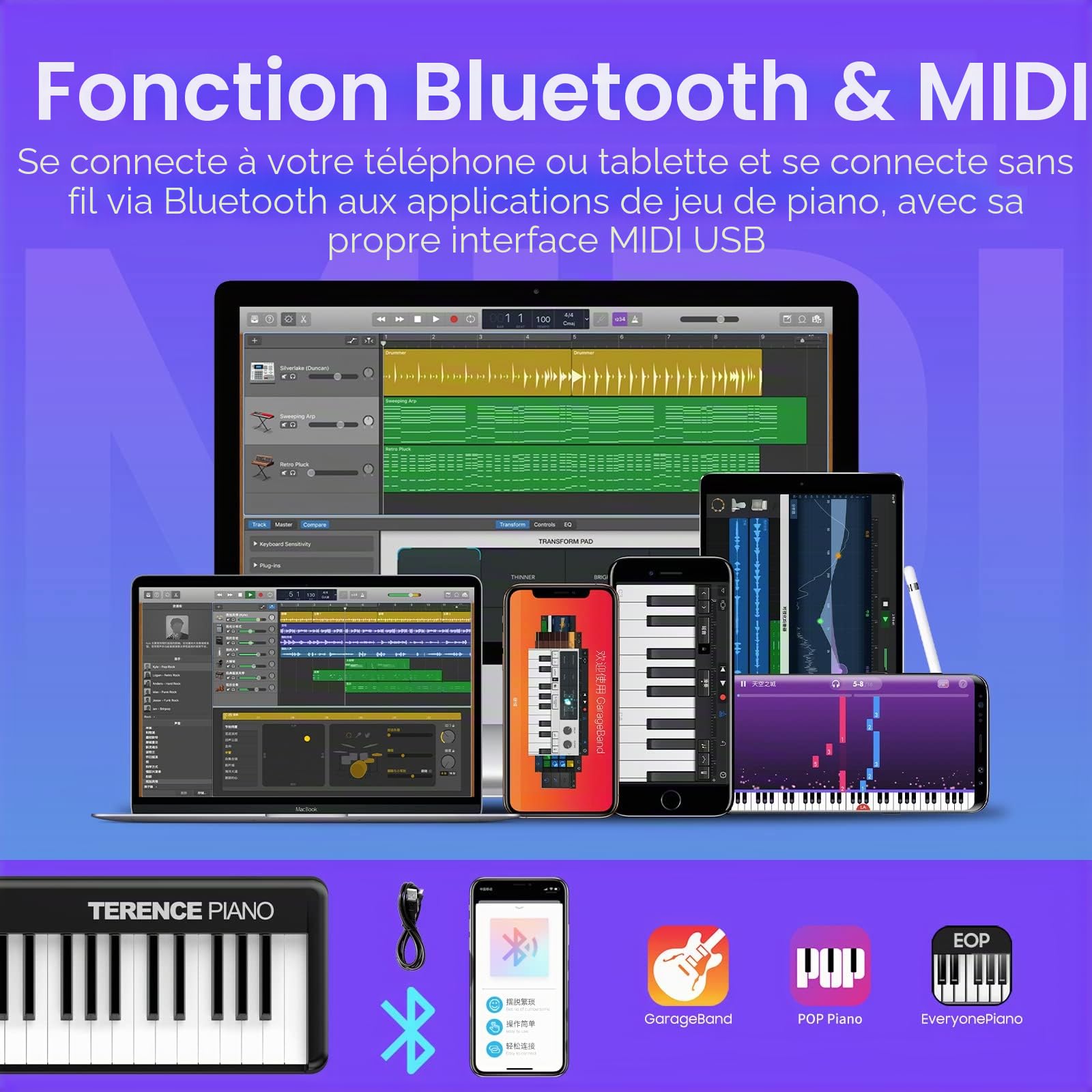 TERENCE Pliable Piano Numérique avec 88 Touches semi-lestées et Batterie de 1800mAh et interface USB MIDI avec support de partitions Bluetooth Sacs pour Clavier Câble audio Casque Pédale de sustain