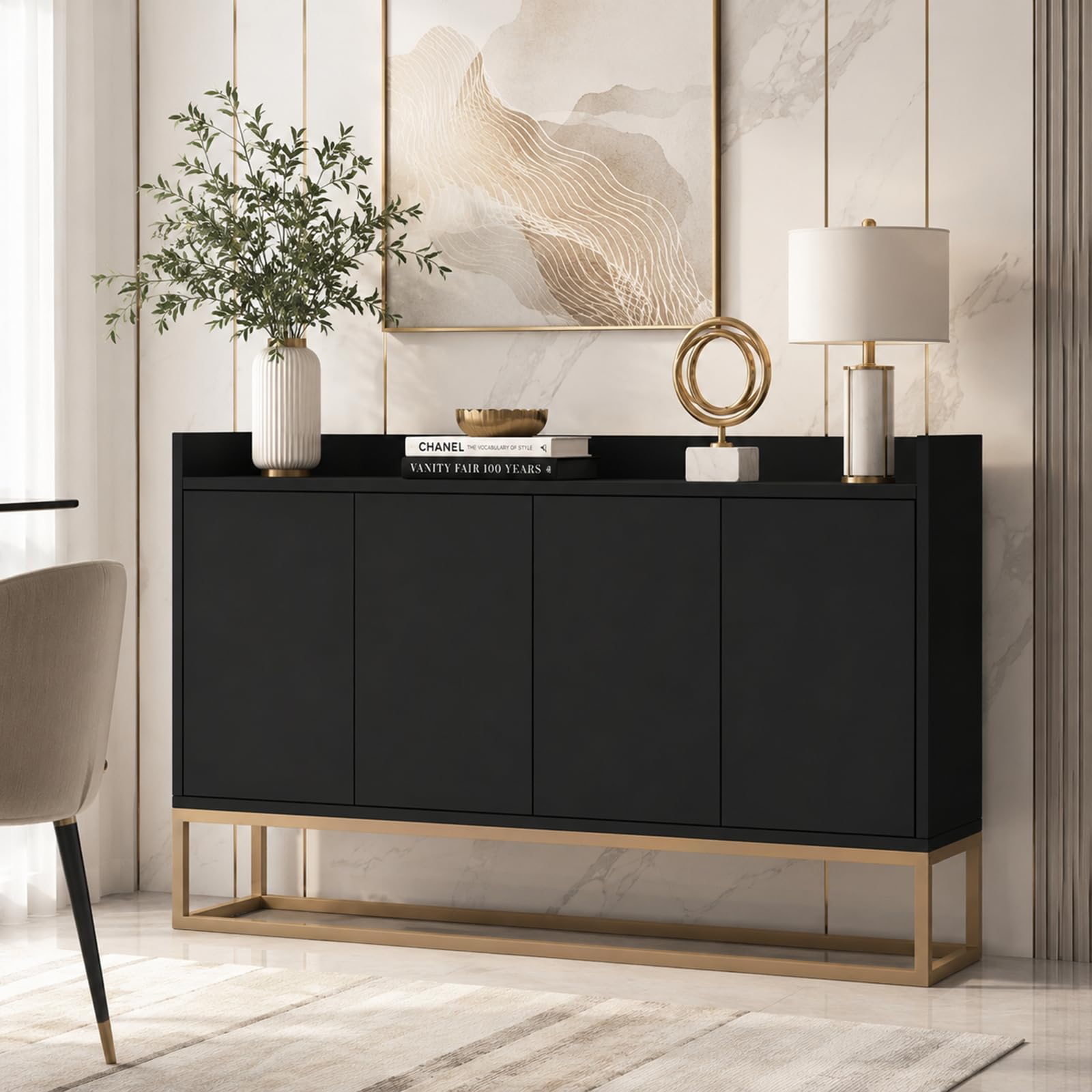 Credenza 120 cm, madie moderne soggiorno con 4 ante, buffet mobile cucina con ripiano regolabile e gambe in metallo, per cucina, soggiorno, sala da pranzo, ingresso (nero, 120 x 30 x 80 cm)