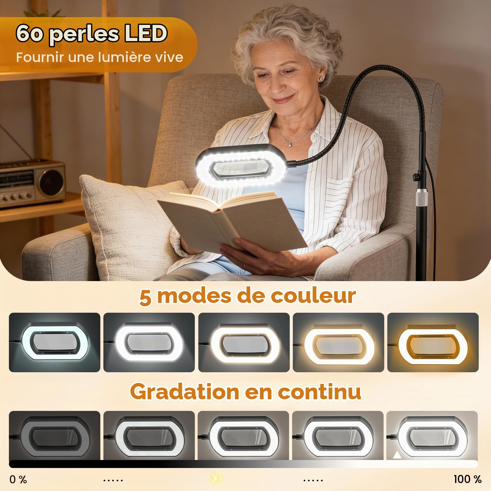 10X Lampe Loupe avec Lumière et Support, 3 en 1 Lampe Loupe sur Pied avec 60 LED à Luminosité Réglable, 5 Modes de Couleur, Loupe Éclairée pour Travail de Près, Couture, Artisanat, Loisirs