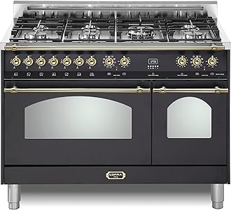 Lofra DolceVita Series 48 Inch Range Freestanding Dual Fuel Double Oven Stove, Cooktop 7 Sealed Brass Burners, Convection, 9 Cooking Modes, Knobs and Handrail In Brass, Matte Black
