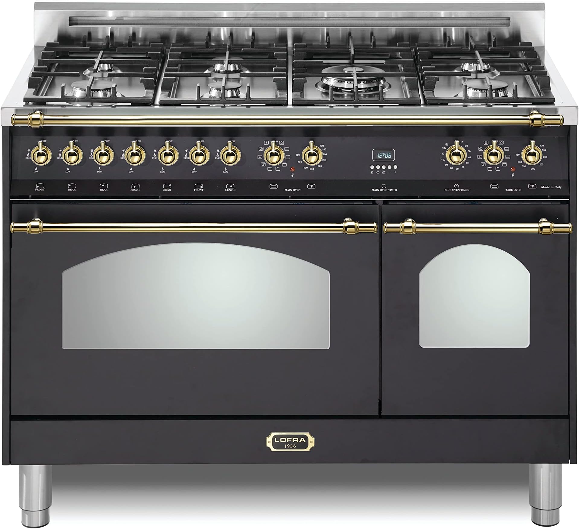 Lofra DolceVita Series 48 Inch Range Freestanding Dual Fuel Double Oven Stove, Cooktop 7 Sealed Brass Burners, Convection, 9 Cooking Modes, Knobs and Handrail In Brass, Matte Black