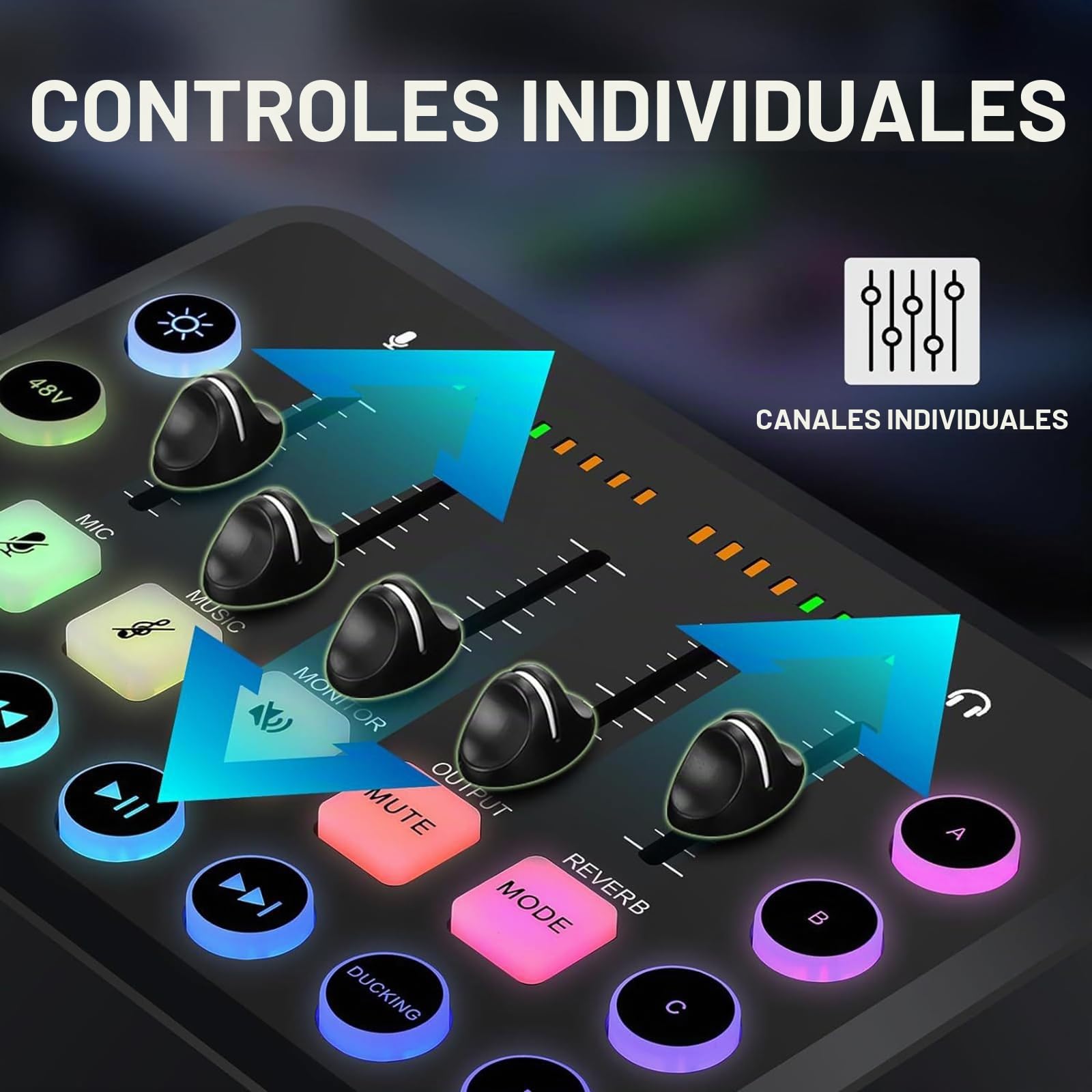 NEWFUN Mezclador de Audio,Mixer audio, Mesa de sonido, Incluye mezclador de audio y Micrófono BM800, Mezclador RGB para PC para Streaming, Control de Volumen para Podcasting, Grabación y voz