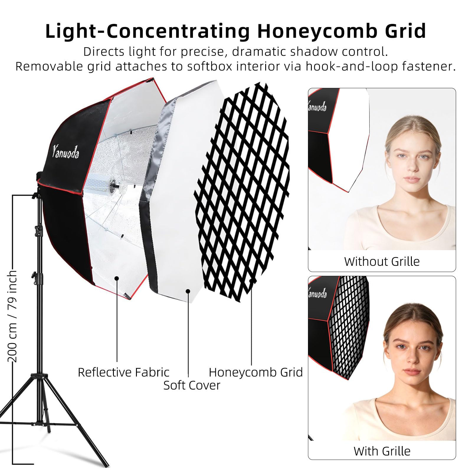 Kit d'Éclairage Softbox Octogonale 95cm Professionnelle - Lumière LED Vidéo 110W Dimmable IRC 97, avec Pied, Diffuseur & Nid d'abeille, Softbox pour Portrait, Video, Youtube, TikTok