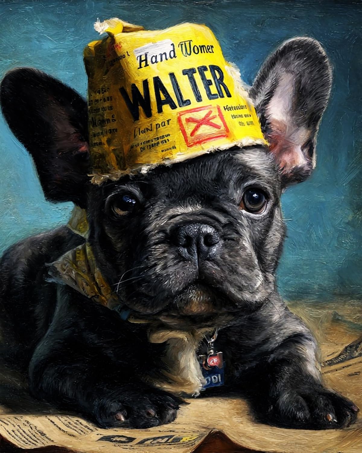 Liubaishi Multicolour Paint By Numbers Kit For Adults, Black French Bulldog Wearing A Newspaper Hat, 40X50 Cm, Acrylic On Canvas, With 3 Brushes