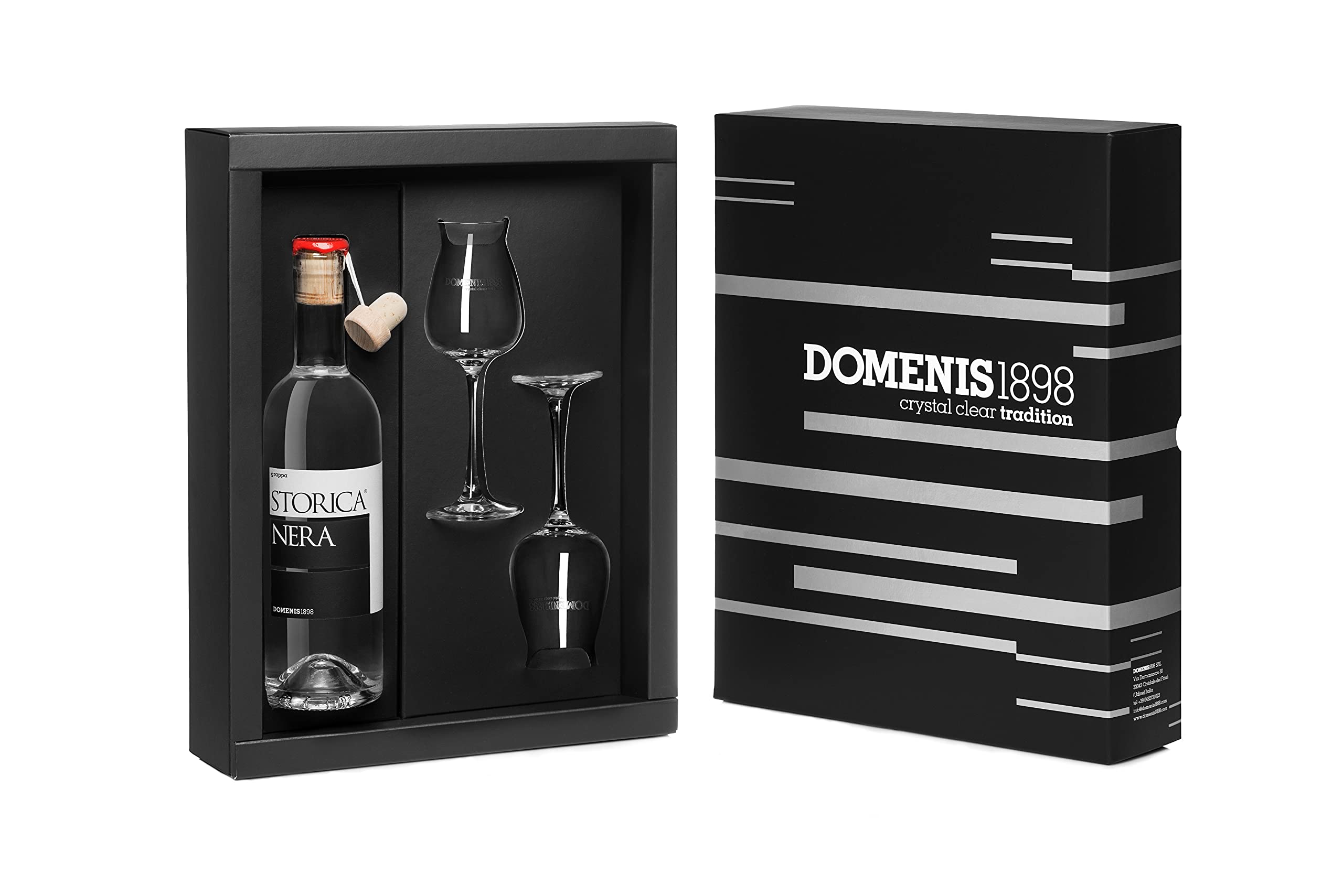 DOMENIS1898 - CONFEZIONE REGALO Storica Nera grappa 50% vol. con due calici a tulipano serigrafati