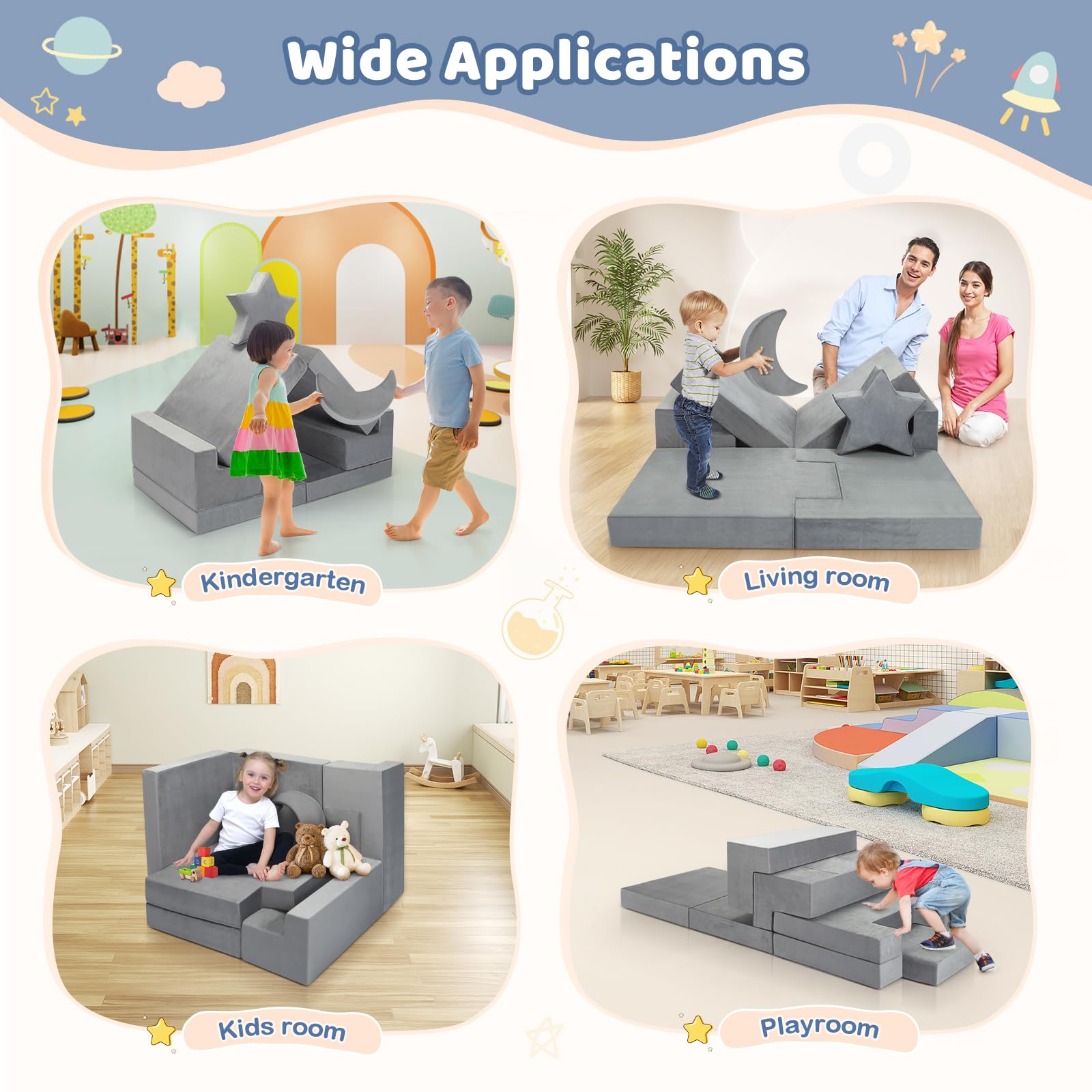 9-teiliges Modulares Spielsofa Grau, DIY Kindercouch mit Stern- und Mondkissen, Umwandelbar als Sofa & Spielburg, Weiches Schaumstoff-Sofa für Kinder