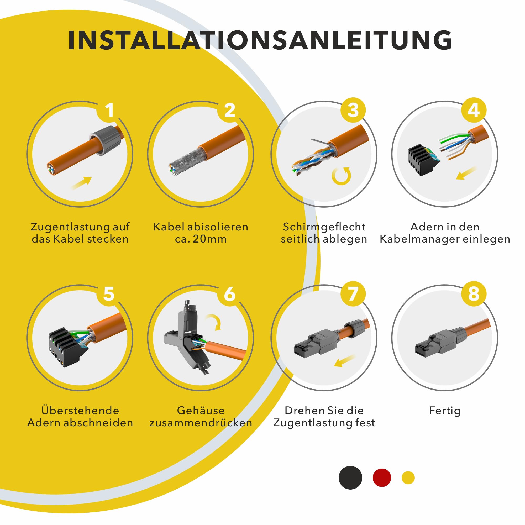 RedStar24 RJ45 Stecker Werkzeuglos CAT 7 CAT 8 Netzwerkstecker für Verlegekabel CAT8 CAT7 CAT6a LSA Feldkonfektionierbarer LAN Crimpstecker Geschirmt bis 40 Gbps 2000MHz 12 Stück
