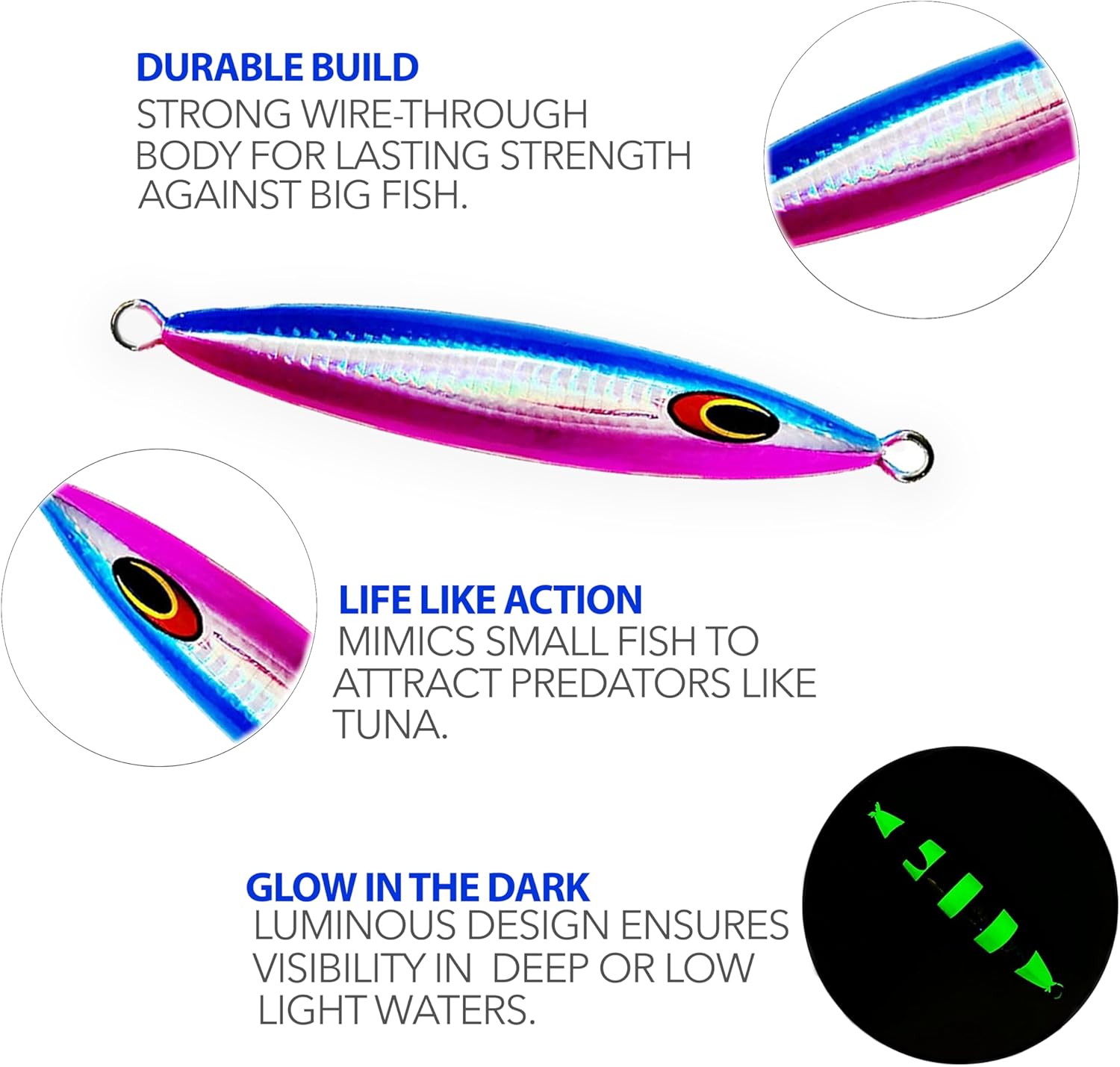 5.5" Tuna jigs,300g Saltwater Jigging Lures, 3 pcs Blue Pink Zebra Glow, for deep Water & Offshore Fishing, Wire-Through Design, Ideal for Tuna and Big Game Fishing